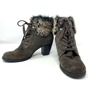 Van der Laan Boots Womens US9 EU40 Brown Suede Faux Fur Trim Lace Up Scandi Chic